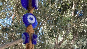 Un ornement décoratif suspendu, avec une base bleue et des perles colorées, fixé à une branche d’arbre.