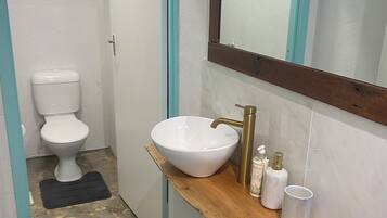 Chuveiro, toalhas de banho, sabonete, papel higiênico