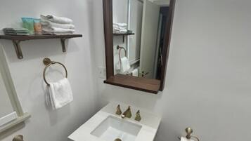 Hair dryer, towels, soap, toilet paper