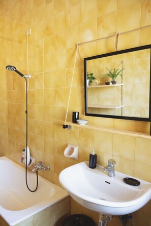 Shower, hair dryer, bidet, towels