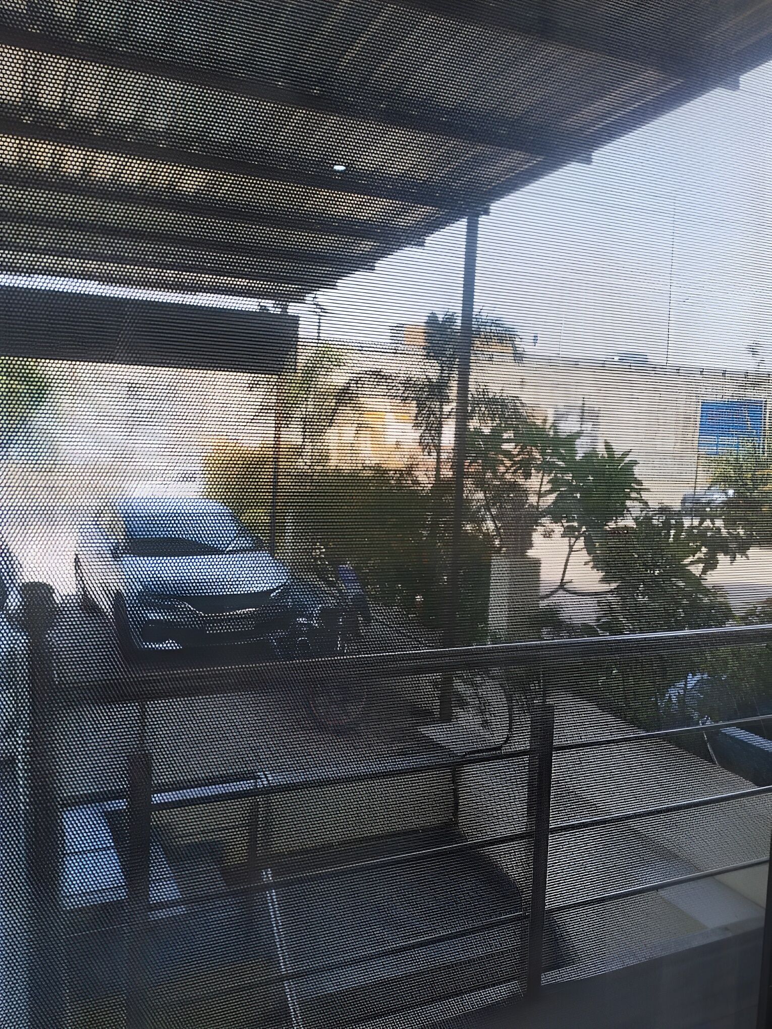 A view through a window with a metal mesh screen, featuring a car parked outside and some greenery.