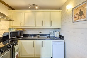 Fridge, stovetop, dishwasher, coffee/tea maker