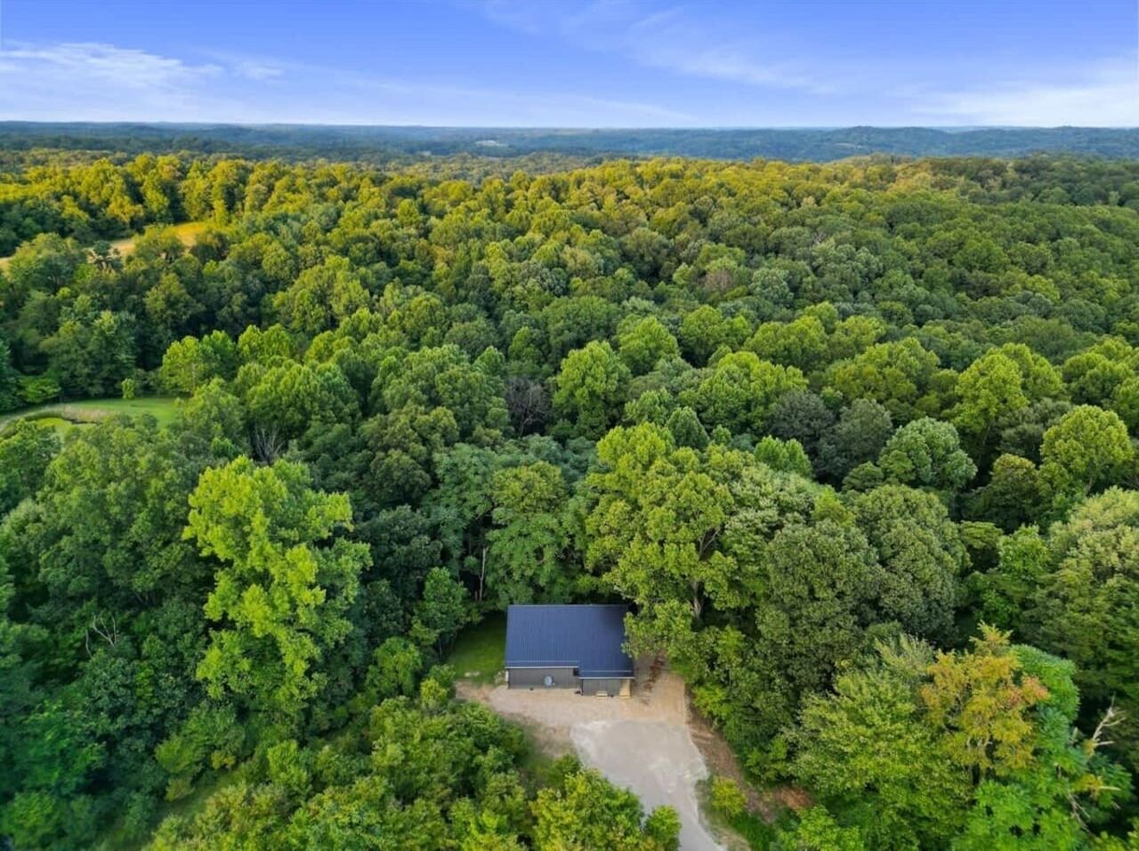 An aerial view of a forested area with a single building surrounded by dense trees.