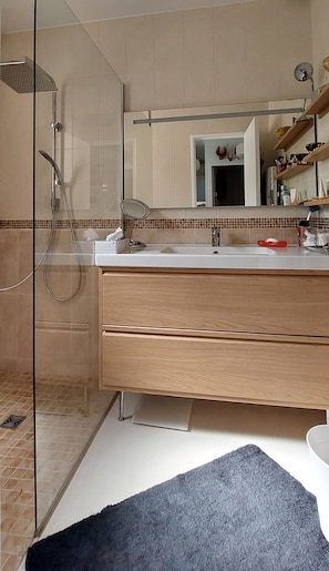 Shower, hair dryer, towels, soap