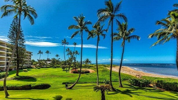 A resort with a well-maintained lawn, palm trees, and a beach view. - Menehune Shores, #119 2 Bedroom Condo (Kihei)