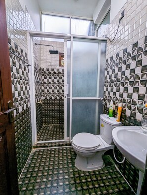 Een douche, een haardroger, een bidet, handdoeken