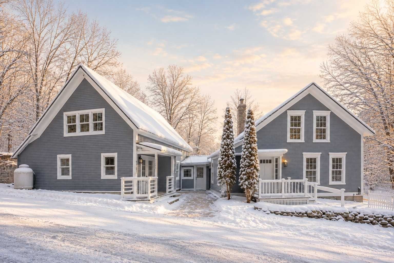 A two-story house with a covered porch and a chimney, surrounded by snow-covered trees.
