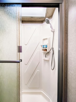 Shower, bidet, towels, soap - Custom Motorhome that brings joy. (Ann Arbor)