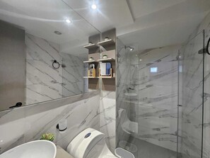 Hair dryer, towels, soap, toilet paper