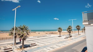 Une promenade en bord de mer bordée de palmiers, avec un passage piéton et une vue sur la plage et l’océan.