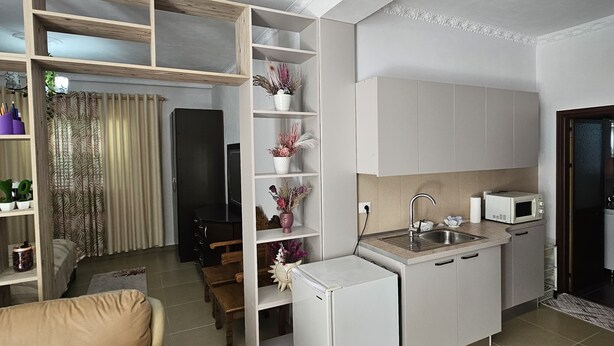 A compact living space with a kitchenette, a sofa, a dining table, and a built-in shelving unit with decorative items.