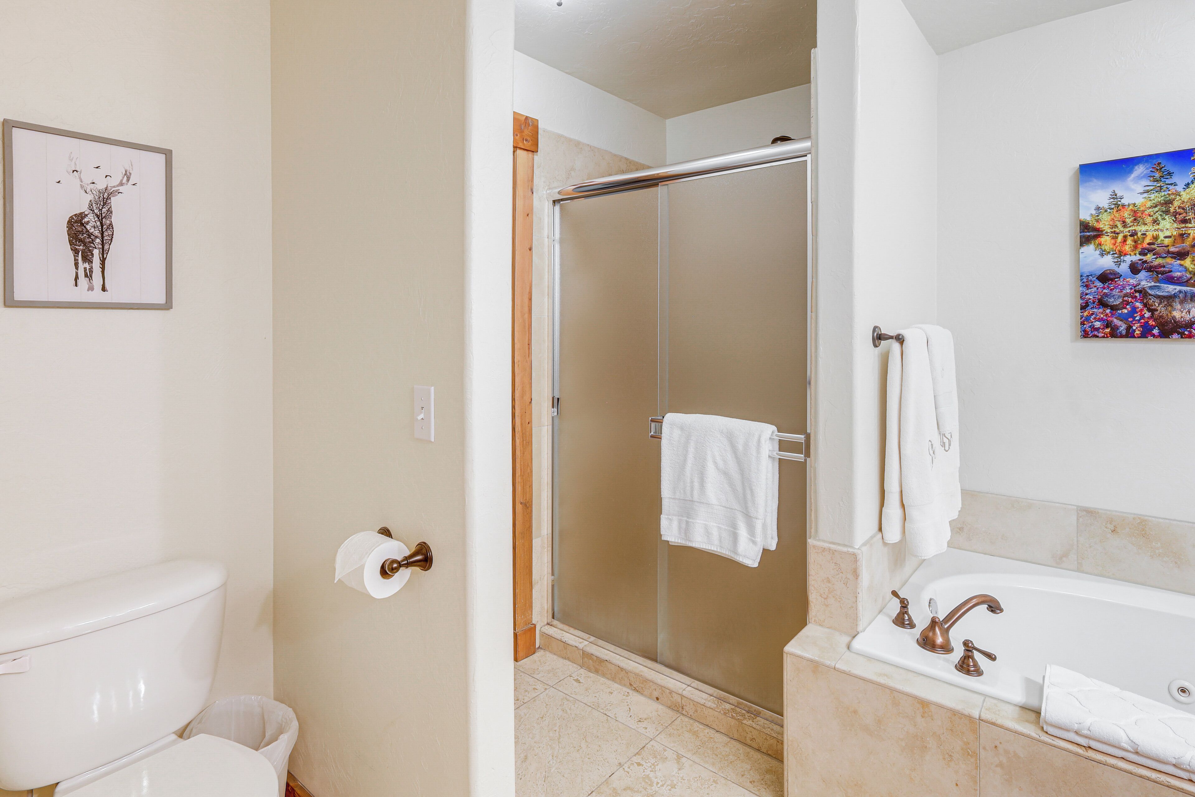 Une salle de bain comprenant des toilettes, une douche avec une porte en verre, une baignoire et un porte-serviettes.