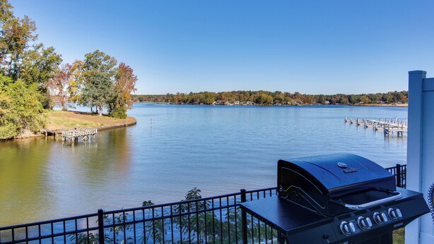 Une vue sur le lac avec un barbecue et une jetée.