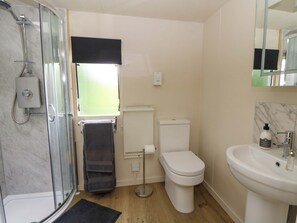 A bathroom with a glass shower enclosure, a toilet, a sink, and a window with a black blind. - Gwybedog (Llanwrda)