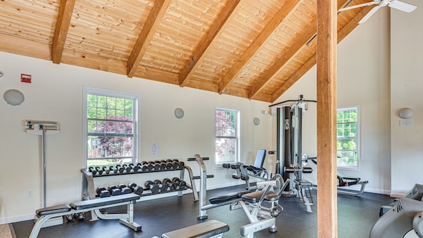 Una palestra con diverse attrezzature per l'allenamento, ampie finestre e un soffitto in legno.