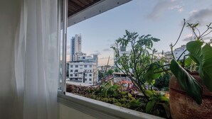 A window with a view of a cityscape, including buildings and a large potted plant. - Apto pet Friendly c Garagem em Rio Vermelho (Salvador)