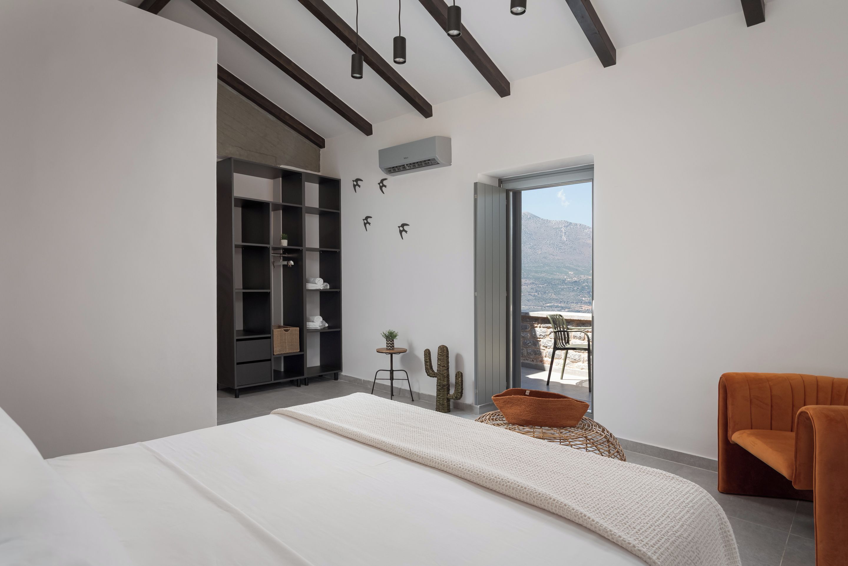 A bedroom with a large bed, a built-in bookshelf, a cactus, and a view of the outdoors.