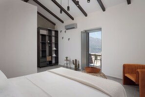 A bedroom with a large bed, a built-in bookshelf, a cactus, and a view of the outdoors.