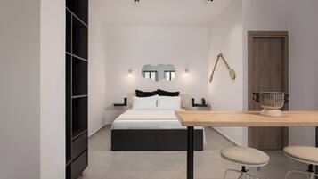 Un dormitorio moderno con una cama, una mesa de madera y dos taburetes.