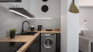 Una cocina compacta con lavadora integrada, un lavamanos y una cafetera.