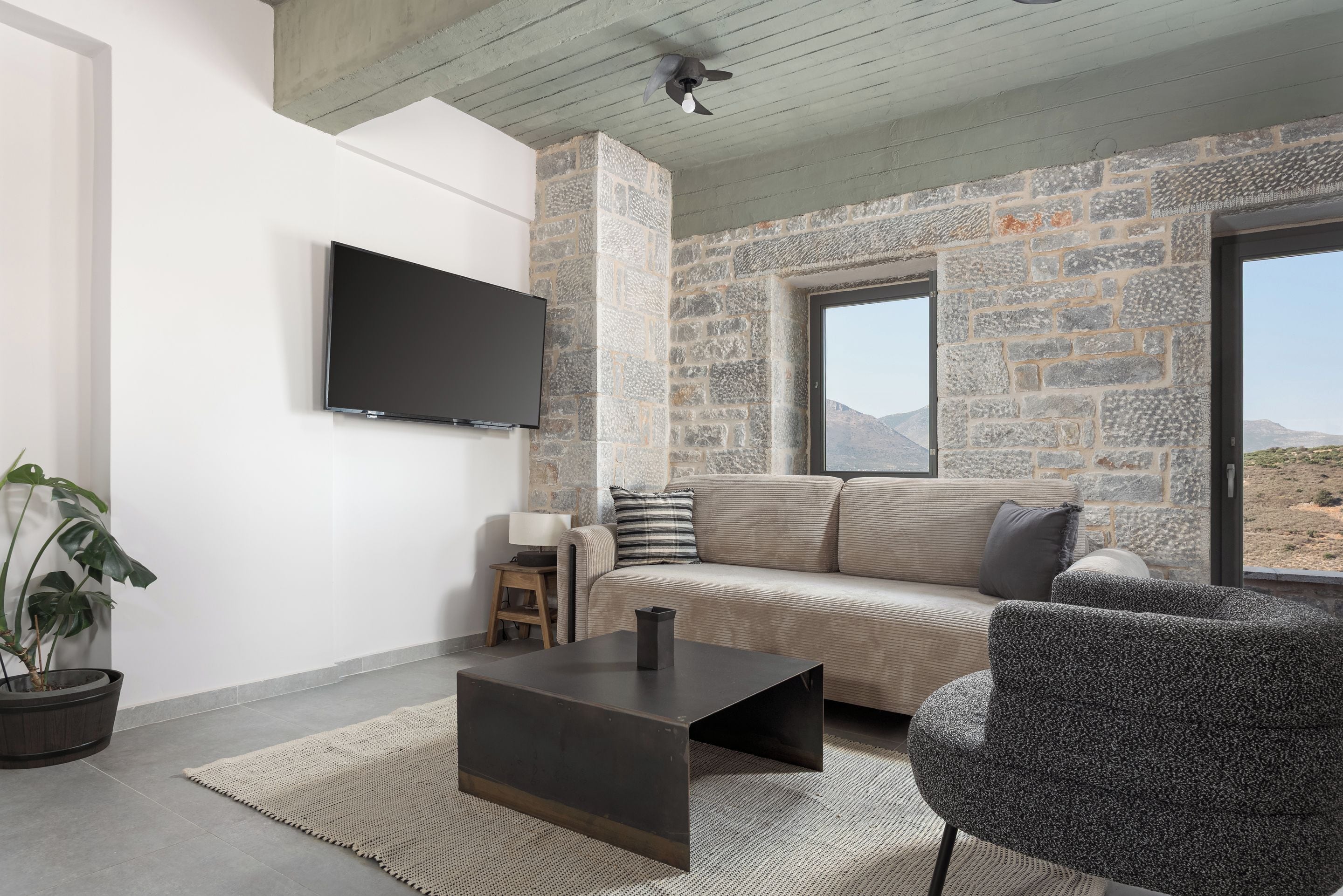 Ein modernes Wohnzimmer mit Steinwand, Flachbildfernseher, Sofa, Couchtisch und einer Topfpflanze.