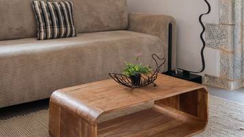 Una sala de estar con un sofá, una mesa de centro de madera, un aire acondicionado instalado en la pared y una decoración de pared original.