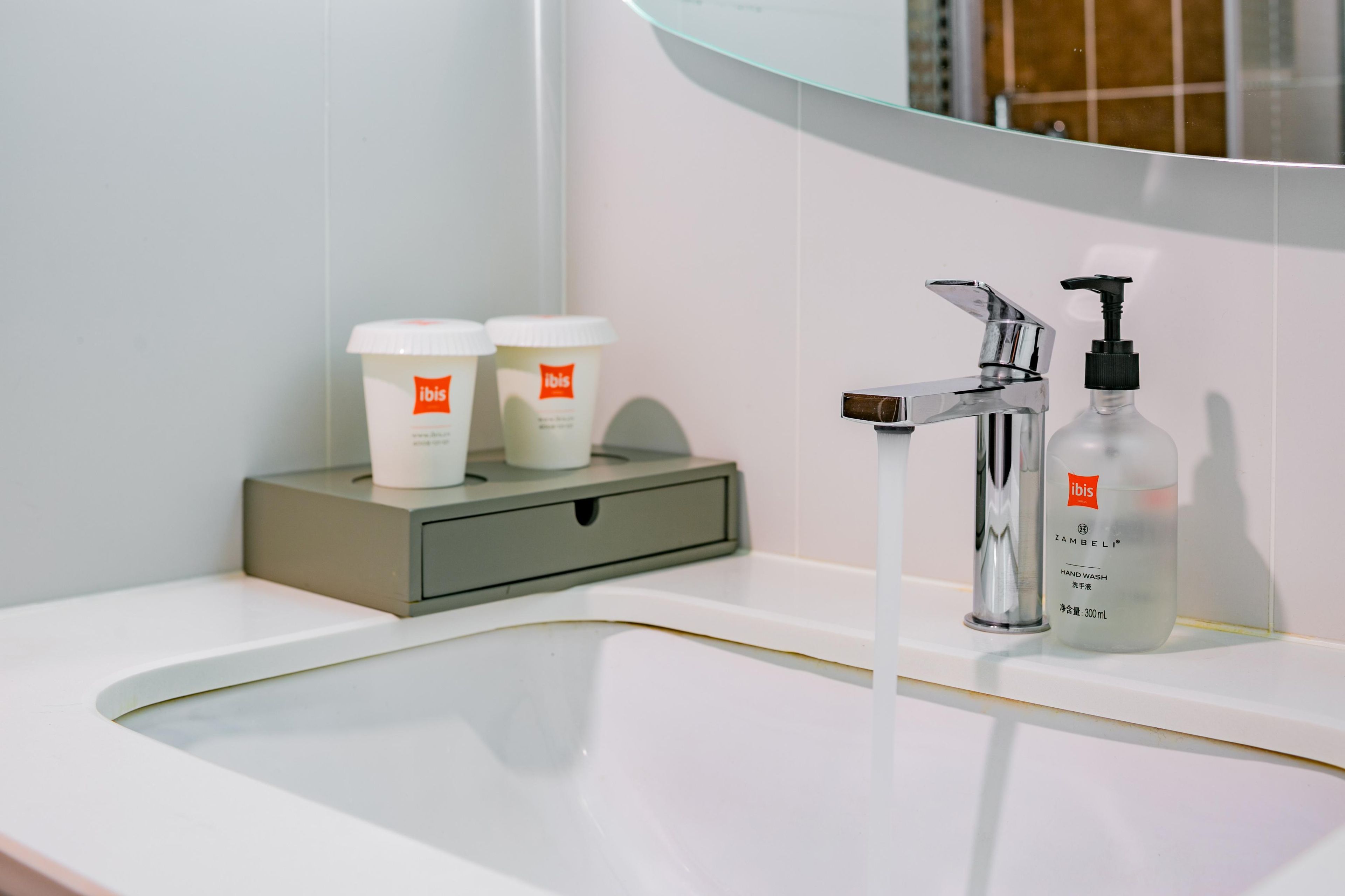 A bathroom with a white sink, a chrome faucet, and two ibis hand wash bottles.