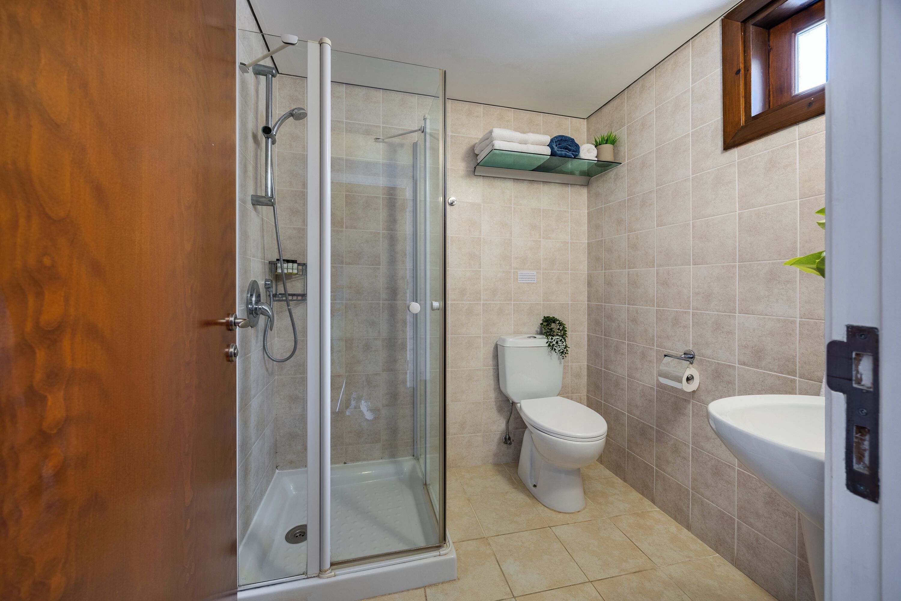 A bathroom with a glass-enclosed shower, a toilet, a sink, and a shelf with towels and a plant.