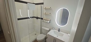 A bathroom with a glass-enclosed shower, a toilet, a sink with a mirror, and shelves above the sink.