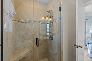 Hair dryer, towels, soap, shampoo