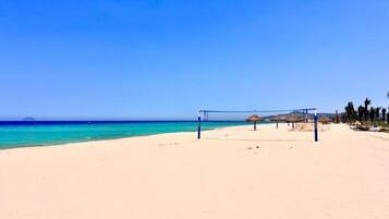 A beach with a volleyball net, palm trees, and a clear blue sky.