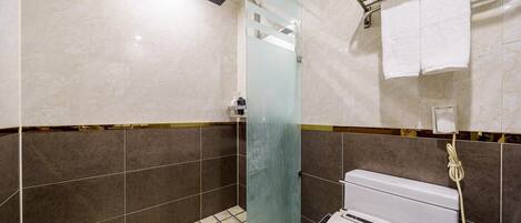 A bathroom with a glass shower door, a white toilet, and a towel rack with towels.