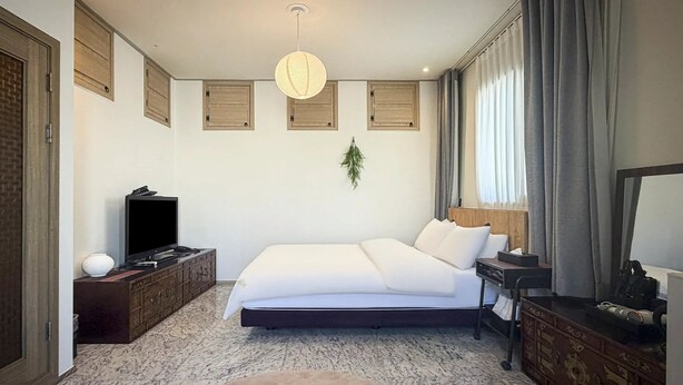Une chambre d’hôtel avec un lit, un téléviseur posé sur une commode, une plante suspendue et une fenêtre avec des rideaux.