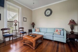 TV, fireplace, books