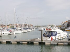 A marina with multiple boats docked, a wooden pier, and buildings in the background.