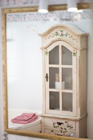 Hair dryer, bidet, towels, soap