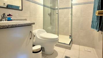 Shower, towels, soap, shampoo