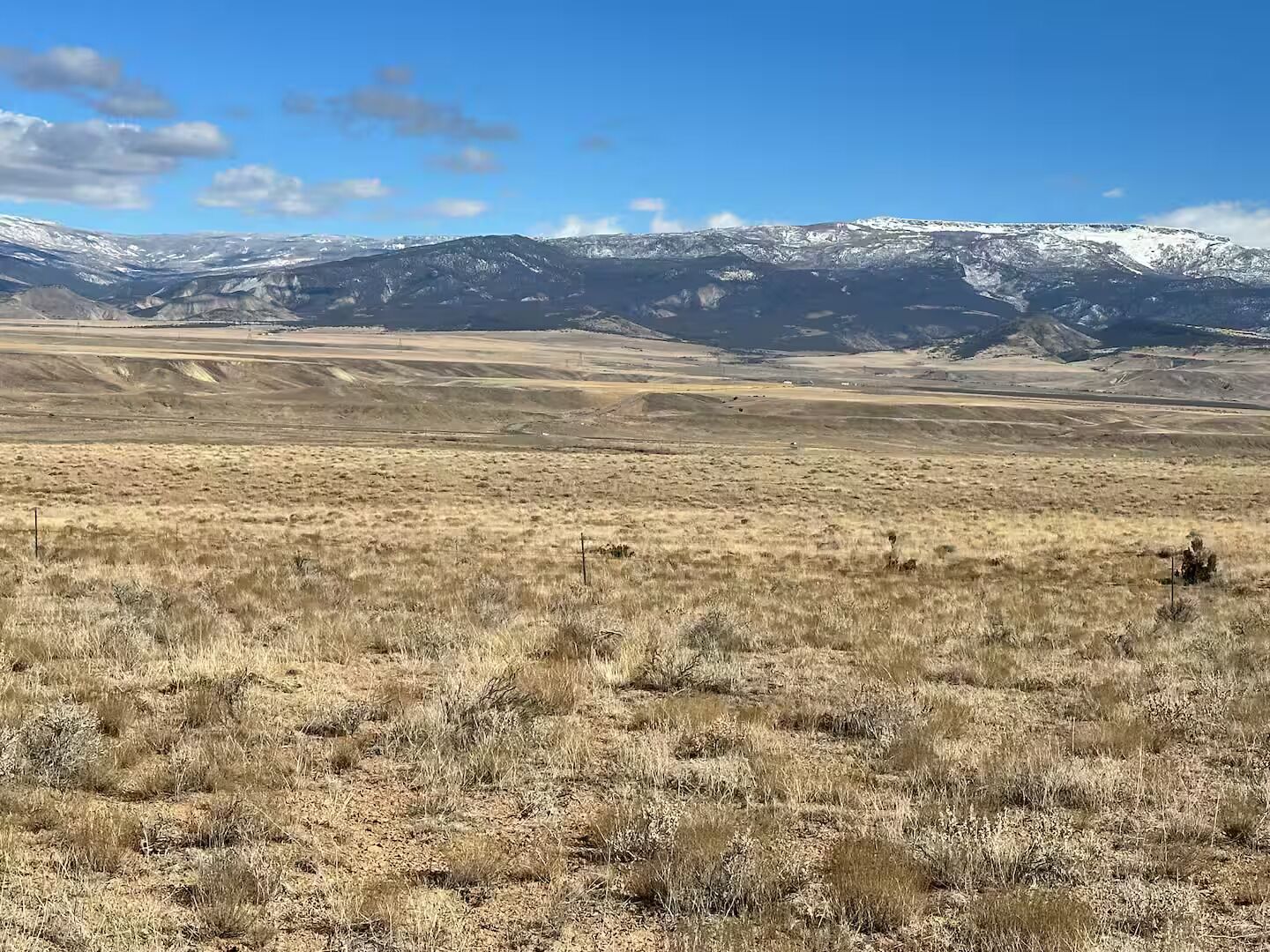 A vast, open landscape with a clear sky and distant snow-capped mountains.