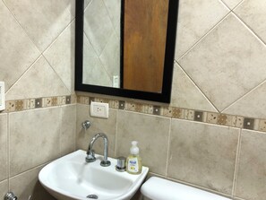 Hair dryer, towels, soap