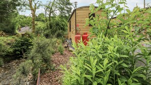 A rustic wooden cabin with a chimney, surrounded by dense greenery and a small stream. - The Hamper (Carmarthen)