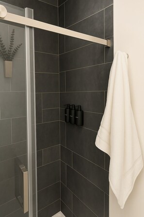 Shower, hair dryer, towels, soap