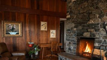 Smart TV, fireplace, books, stereo