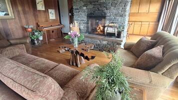 Smart TV, fireplace, books, stereo