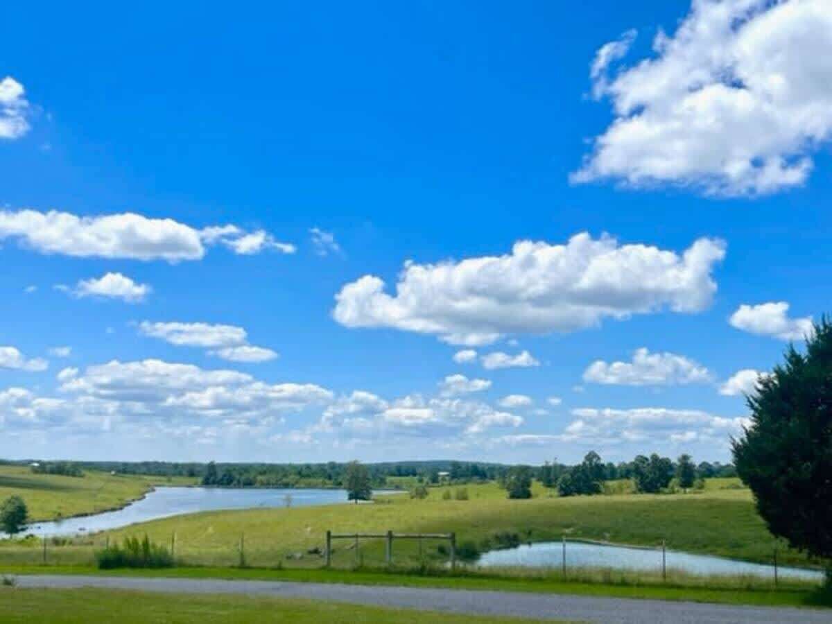 Un paysage rural avec un ciel bleu dégagé, une rivière et une zone délimitée par une clôture.