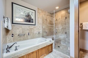 Shower, jetted tub, hair dryer, towels