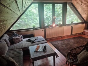 Smart-TV, Kamin, Bücher, Videothek