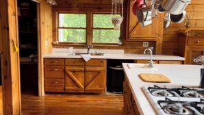 Une cuisine rustique aménagée dans une cabane en bois, avec une grande fenêtre, des placards en bois, une cuisinière à gaz et un porte-casseroles suspendu.