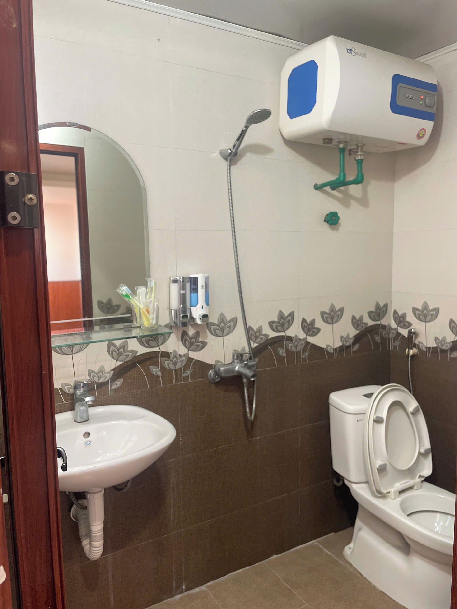 A bathroom with a white sink, a toilet, a showerhead, and a wall-mounted air purifier.