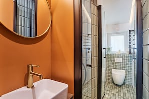 Shower, hair dryer, towels