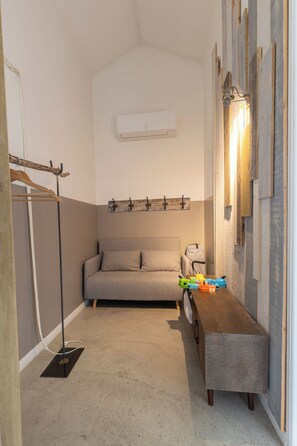 TV, fireplace, books